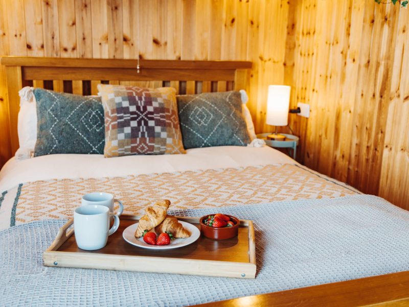 Morning coffee in bed of glamping garden cabin